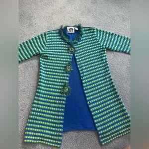 Handmade-Look Striped Knit Coatigan in Blue, Green & Yellow Storybook Knits